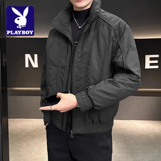Playboy (PLAYBOY) 2025 Spring and Autumn New Fashion Jacket Men's Fashion Simple Versatile Stand-up Collar Jacket Classic Handsome Top Men Black XL 130-150Jin Jin is equal to 0.5 kg