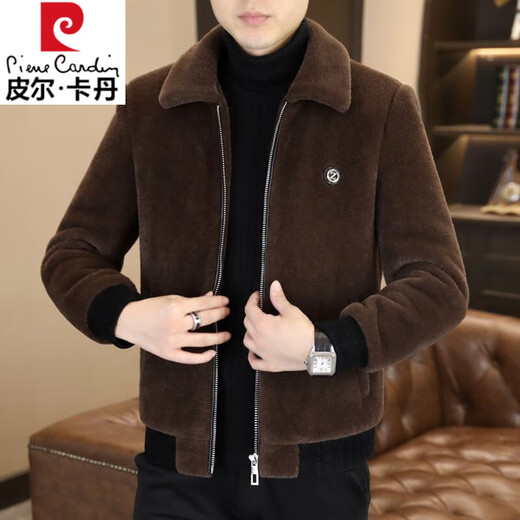 Pierre Cardin 2025 winter gold mink velvet jacket men's new high-end woolen casual plus velvet thick new large size men's jacket ZL-J6691 coffee (plus velvet) thickened XL (130-145Jin Jin equals 0.5 kg)