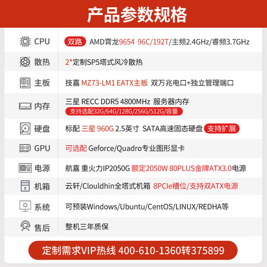 Cloud Hin Hin-Channel AMD Xiaolong 9654/9754 Simulación científica Computación de Deepseek Despliegue Local Estación de trabajo de gráficos/Renderización de CPU/Análisis de elementos finitos Estación de trabajo Host Dual-Channel Xiaolong 9654 2.4G 192 CORES 384 HITROS 32G MEMORIA + 960G