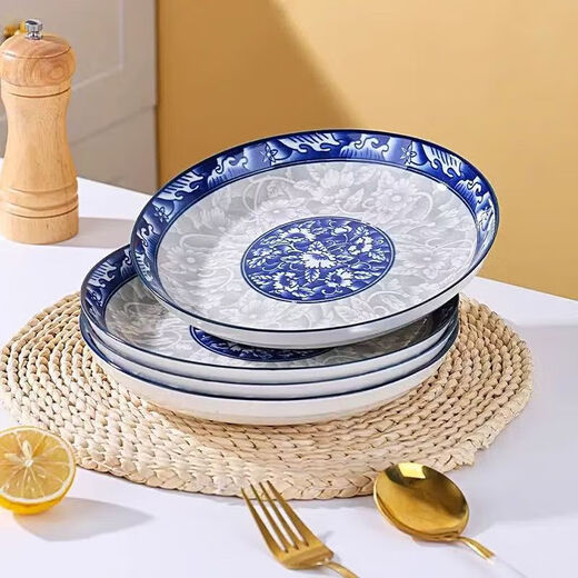 Household Internet celebrity high-looking ceramic tableware underglaze blue and white tableware green branches and jade tableware set 8-inch plate 1 piece