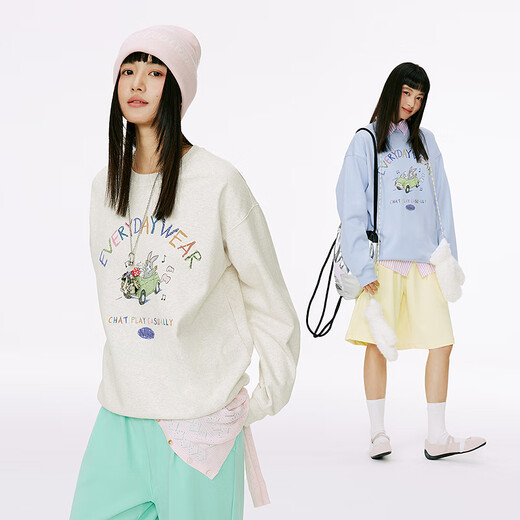 MMLG 圆领卫衣女男2025早秋新款重磅萌趣图案设计韩系情侣上衣服外套 浅花灰 S