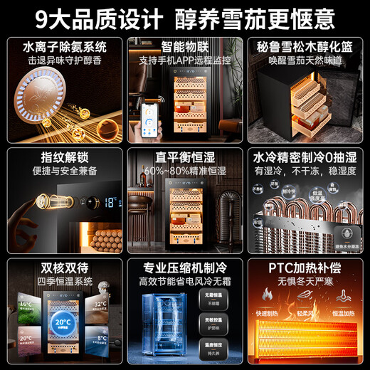 CIGARLOONG fingerprint lock cigar cabinet constant temperature and humidity cedar wood shelf water ion removal ammonia alcohol care compressor frequency conversion intelligent WIFI monitoring moisturizing cigar cabinet constant temperature control humidity cigar cabinet 95 70C black ammonia purification + WiFi + fingerprint lock