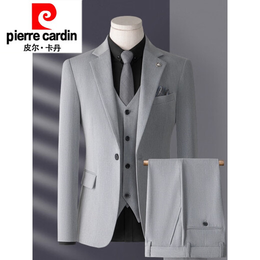 Pierre Cardin suit men's three-piece Korean style slim business casual suit groom wedding dress knitted 1 light gray top + pants shirt tie S