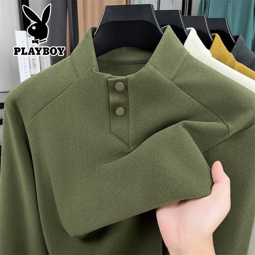 Playboy autumn and winter new Henry collar German velvet long-sleeved T-shirt for young and middle-aged men two-button stand-up collar casual bottoming shirt sweatshirt for men black gray S 165