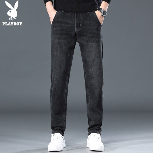 Playboy (PLAYBOY) jeans men's autumn and winter loose straight business casual pants men's trendy trousers black gray 34