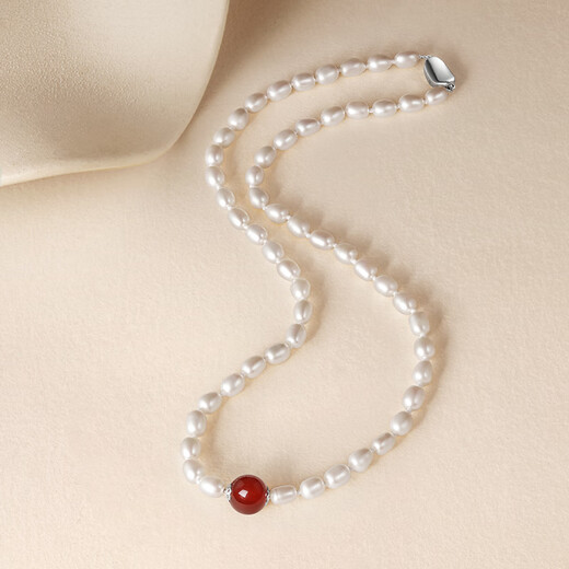 Saturday blessing silver buckle pearl necklace mother birthday gift red agate X0511903 long rice beads strong light about 5mm 45cm