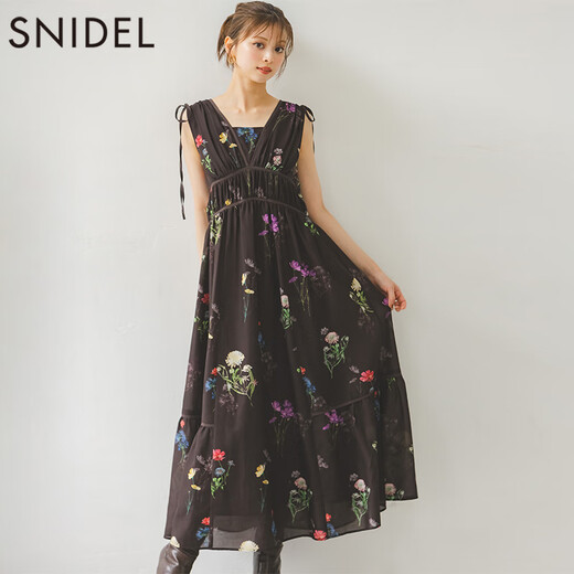 SNIDEL [Same Model in Celebrity] 2025 Autumn and Winter New V-neck Sleeveless Lace-up Waist Printed Dress SWFO254120 Gray S (0)