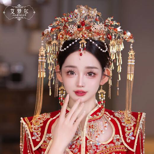 AIMENGER Xiuhe headdress 2025 new Chinese style grand dragon and phoenix gown heavy industry wedding bride Xiuhe headdress female GX Golden Bell Queen Round Crown + Ear Clip
