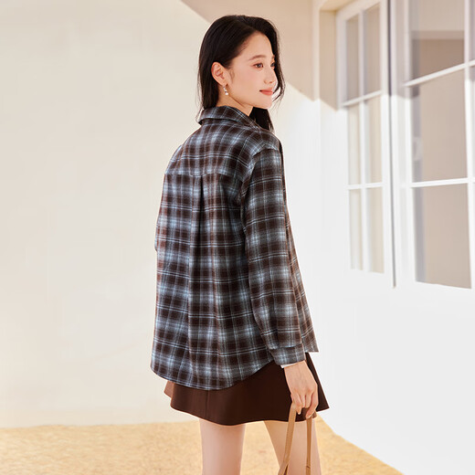 Xiangying American Retro Plaid Shirt Women's 2025 Winter New Lapel Shirt Sea Salt Keluli Long Sleeve Top Route Blue M 160/84A/95-110Jin Jin is equal to 0.5 kg