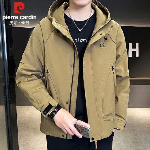 Pierre Cardin jacket men's spring, autumn and winter hooded outdoor casual workwear jacket men's trendy tops Khaki XL