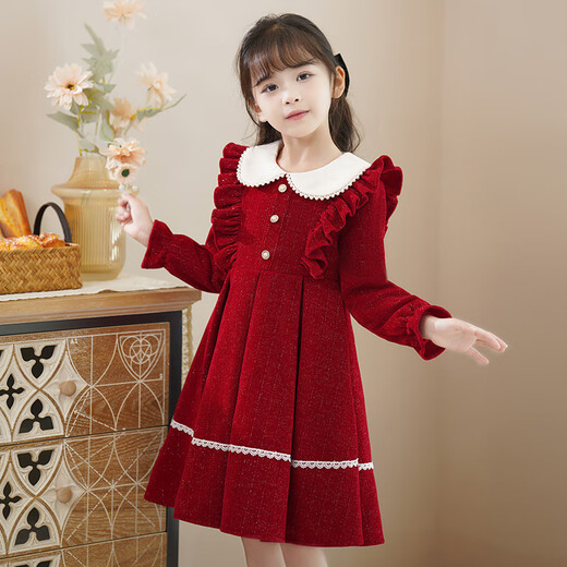 Piggy Banner (PEPCO) girls winter red dress stylish plus velvet children's clothing winter skirt little girl princess dress red 150