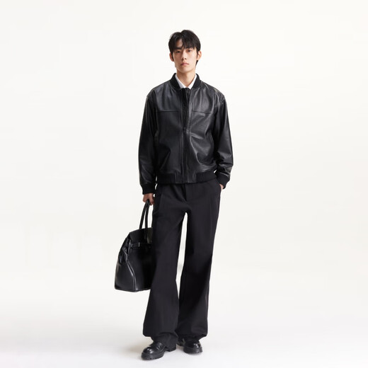 JACK&JONES Men's Autumn Jacket Ribbed Neck Slightly Loose Leather Pocket Stand Collar Solid Color Long Sleeve Jacket 225310002 E40 Black M (175)