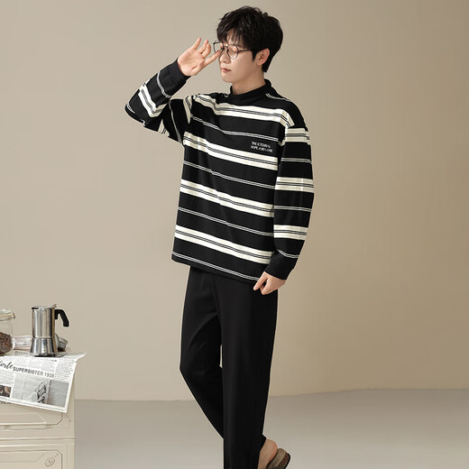 LangSha pajamas couple outfit for one man and one woman, autumn pure cotton long-sleeved round neck casual wearable spring and autumn home wear set 32310 couple M female + L male