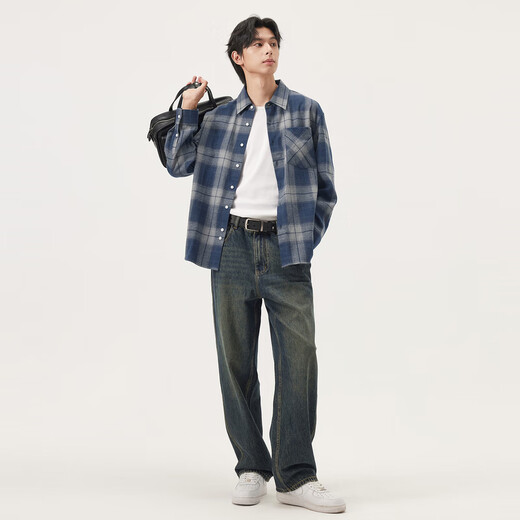 Gxgjeans men's blue plaid simple commuting loose long-sleeved shirt top for men 25th autumn new arrival blue plaid L (175) (size is too large)