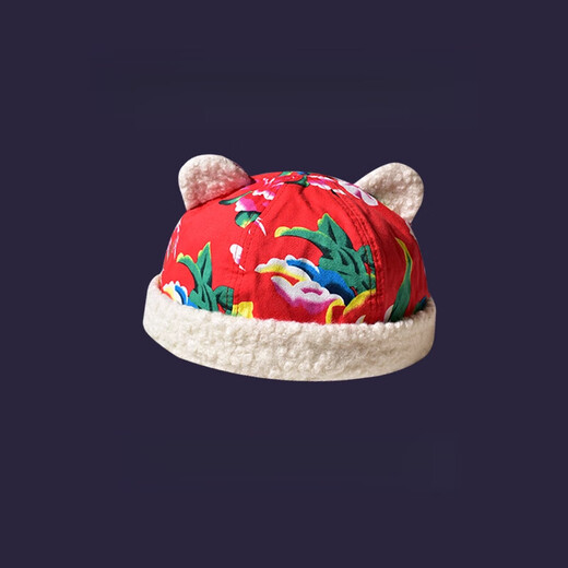 Cheers SH Northeast big floral cloth landowner hat men's winter warm plus velvet ethnic style street cute ears melon skin cotton hat red M 56-58cm