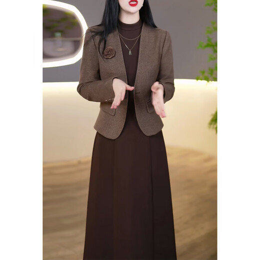 Pierre Cardin elegant thickened two-piece dress for women 2025 autumn and winter new lady mother dress suit skirt coffee color two-piece suit L recommended 101-110 Jin Jin equals 0.5 kg
