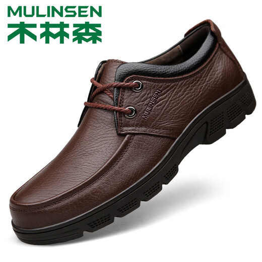 木林森（MULINSEN）皮鞋男真皮牛皮秋冬季中年爸爸鞋商务休闲鞋软底一脚蹬 DY-CS1503黑色套脚 38 _标准皮鞋码数