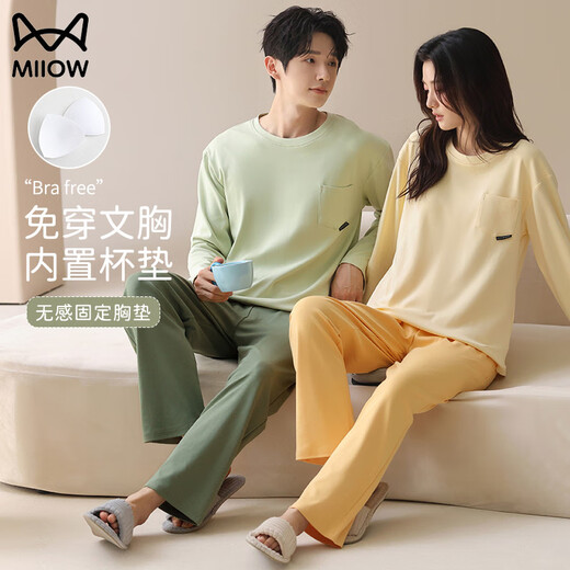 MiiOW Pure Cotton Pajamas Men's Spring and Autumn Long Sleeve Four Seasons Women's Autumn Style With Breast Pad Can Be Weared Out Full Cotton Home Clothes Set CKE-W5179A No Breast Pad M