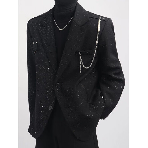 An Chuxia black high-end light luxury starry sky suit jacket men's niche pearl chain design trendy fashion stage wear two-piece set black + black long sleeves L