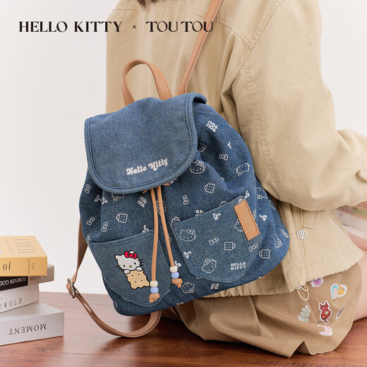 TOTOU DOYS'S Day Gift Hellokitty Katie Denim Biscuit sac à dos grande capacité Commutation polyvalente sac à dos de denim bleu