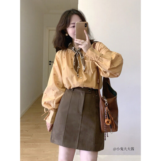 Inman Suede Retro Skirt 2025 Autumn Women's New High Waist Slim A-Line Skirt Dark Coffee M