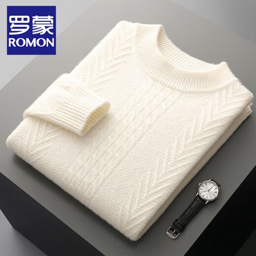 ROMON 100% pure wool sweater double-ply thickened men's round neck knitted sweater business casual pullover inner twisted pattern bottoming shirt white XL