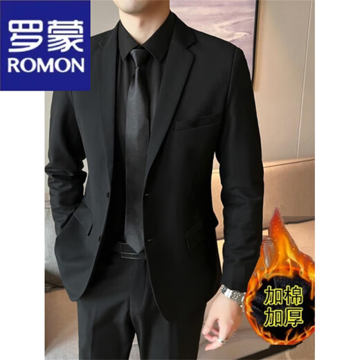 ROMON suit suit men's velvet thickened warm wedding suit jacket business formal black professional workwear winter suit R08 (single piece) velvet black suit S recommended 80-95Jin Jin equals 0.5 kg