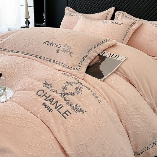 Mercury Series Home Textiles Category A Maternal and Infant Grade Full Matte Milk Velvet Four-piece Set Winter Thickened Small Fragrance Quilt Cover Baby Velvet Pink Bedding Small Fragrant Peony-Fruit Green Sheet Style 1.8m Four-piece Set/Quilt Cover 2.0x2.3m