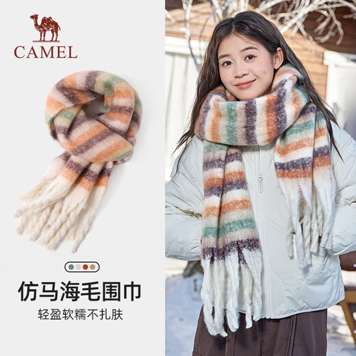Camel mohair plaid scarf for women 2025 new autumn and winter Korean version trendy and versatile couple warm and high-end scarf