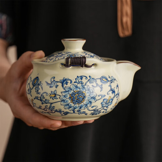 Blue and White Ru Kiln Handheld Pot Travel Tea Set One Pot Three Cups Single Outdoor Portable Anti-scalding Quick Cup Ru Kiln Huang Fanhua-One Pot Three Cups + Round Ash Bag