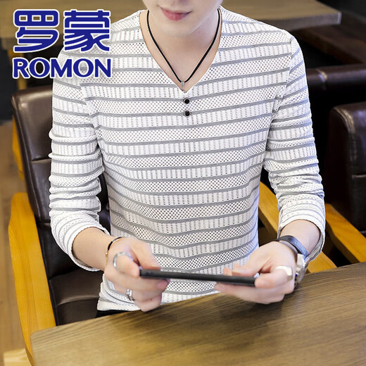 
ROMON (ROMON) spring and summer youth T-shirt men's V-neck long-sleeved thin summer and autumn clothes Korean style trendy handsome sweatshirt spring and summer top 6188 khaki M