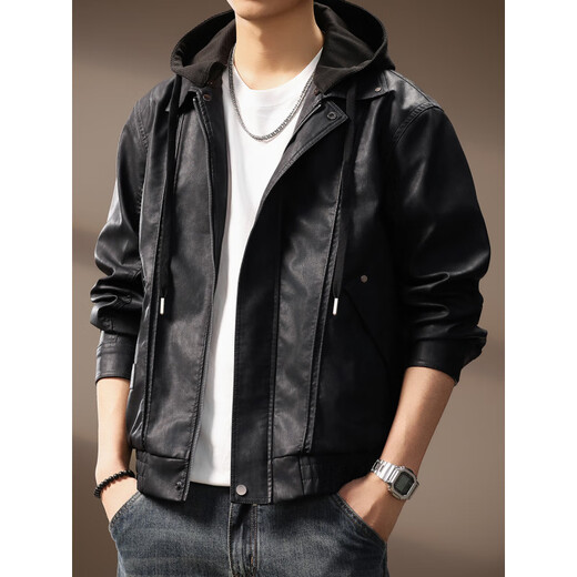 Revium high-end trendy brand motorcycle style detachable hooded PU leather jacket for men 2025 autumn and winter new tough guy retro loose jacket black M suitable for 100-120Jin Jin equals 0.5 kg
