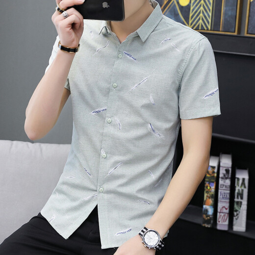 Laibei summer shirt men's short-sleeved thin slim Korean version trendy youth casual student printed shirt handsome tops youth summer clothes 282 green L/170 [105-125Jin [Jin equals 0.5 kg] wear]