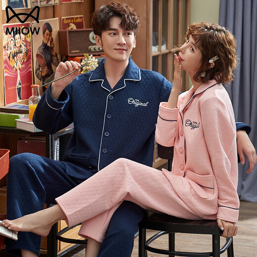 Cat Man (MiiOW) Autumn and Winter Sandwich Couple Pajamas Women Wedding Newlywed Red Large Size Lapel Air Cotton Thin Quilted Home Clothes Men CY Male 3415 Female 2315 3XL Male