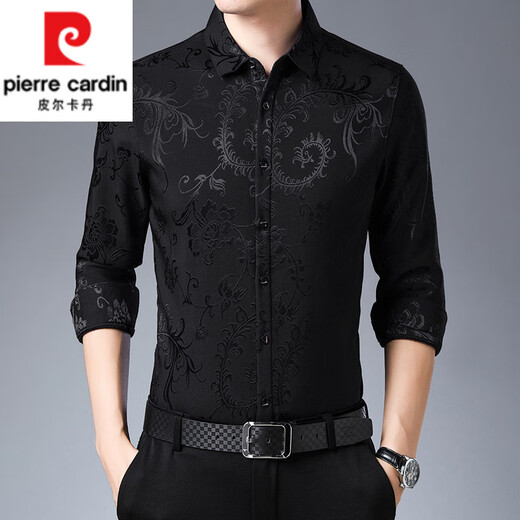 皮尔卡丹（pierre cardin）真丝花衬衫男长袖桑蚕丝春秋寸衣中年爸爸装加绒加厚印花上衣 藏青色F3768 L 170/120-140斤穿