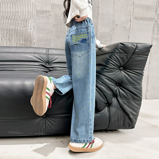 Hölzerne Holzhaus Mädchen Hosen Kinder Casual Hosen Jeans Spring- und Herbstkleidung mittelgroß und große Kinder lose geradlinige Weitbeinhosen Blau 130