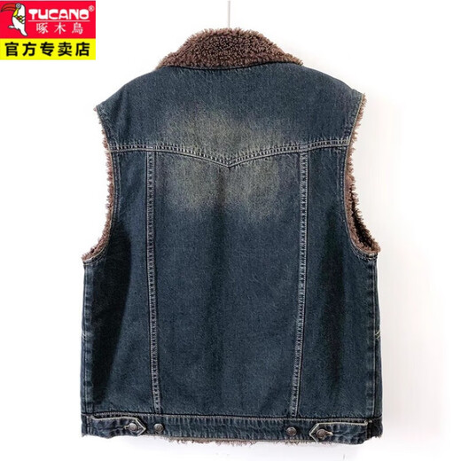 Woodpecker (TUCANO) lamb denim thickened vest for men autumn and winter new plus velvet loose Korean style mid-length sleeveless jacket 4977# blue jacket collection add purchase priority delivery 2XL recommended 115-125Jin Jin equals 0.5 kg