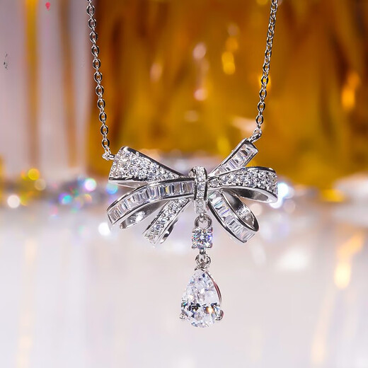 PT950 platinum full diamond bow moissanite necklace light luxury niche design imitation diamond temperament water drop necklace D-E/extreme white 1 carat LC/mirror flawless 40+5cm