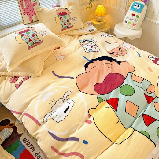 Crayon Shin-chan cartoon cute milk velvet four-piece winter thickened quilt cover sheet student dormitory three-piece set Sleepy Shin-chan-velvet 1.8m fitted sheet style four-piece quilt cover 200*230cm
