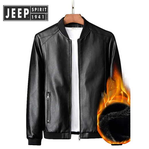 JEEP SPIRIT Jeep Brand Men's Haining Velvet Leather Jacket Men's Large Size Men's Jacket Imitation Sheep Leather Jacket Cycling Motorcycle 817 Black XL