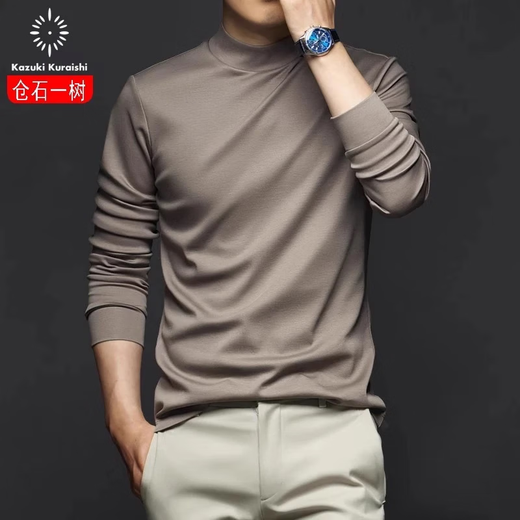 Kuraishi Kazuki long-sleeved T-shirt men's 2025 spring and autumn half turtleneck mercerized cotton slim bottoming shirt casual top versatile trendy beige XL