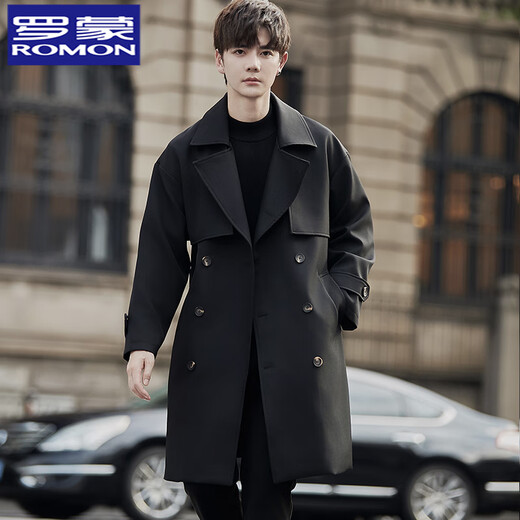 ROMON thin windbreaker jacket for men in spring and autumn mid-length suit collar silhouette coat double-breasted British style trendy top black XL