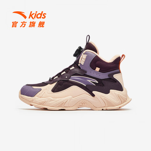 ANTA children's cotton shoes for girls and boys 2025 autumn and winter new products plus suede leather knob buckle outdoor anti-ski boots midnight plum color/tripod gray purple-3 33