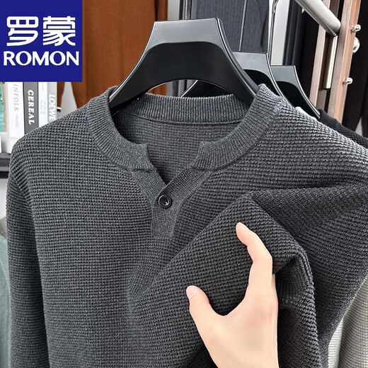 Romon Autumn New Henry Collar Cotton Long Sleeve Men's Knitted Sweater Solid Color 2025 Pineapple Pattern Textured T-Shirt Men Black XL -140-160Jin Jin is equal to 0.5 kg