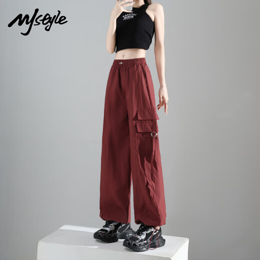 MJ STYLE overalls for women 2025 summer new thin sports pants quick-drying wide-leg casual pants burgundy XL
