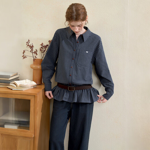 Westlink Westlink Retro Blue Plaid Shirt Women's Autumn New Waist Ruffle Design Shirt Jacket Blue S