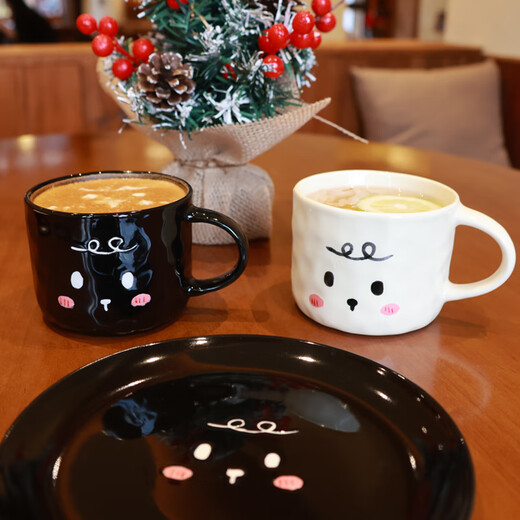 
Finished black and white puppy hand-painted ceramic mug underglaze color couple milk cup breakfast tray home office coffee cup saucer 15906 black puppy dish