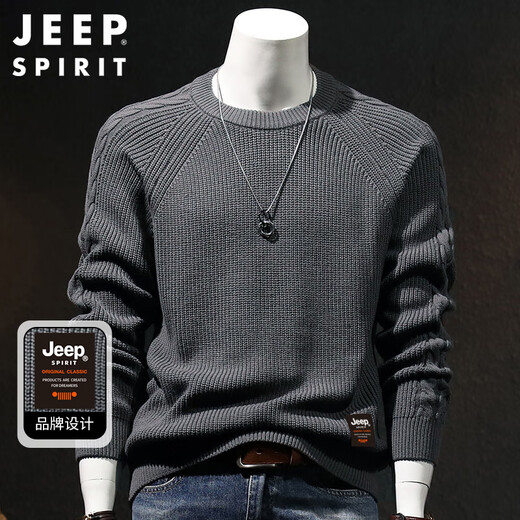 JEEP SPIRIT Jeep crew neck sweater men's autumn and winter warm inner knitted bottoming shirt men's thickened clothes gray XL
