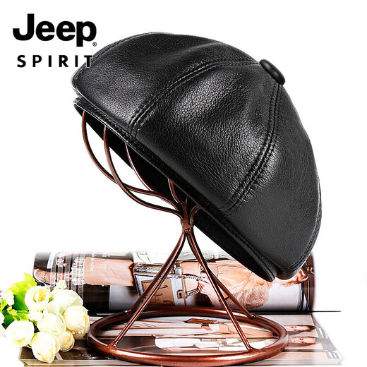 JEEP SPIRIT spring, autumn and winter genuine leather hat for men and women, middle-aged and elderly Korean style retro beanie octagonal hat trendy painter Bailey Dipumpkin black (first layer sheepskin) M (head circumference 55-56cm)