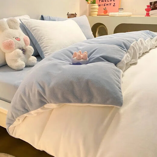 Mercury Home Textiles Thickened Milk Velvet Quilt Cover Four-piece Set Winter Coral Velvet Bed Three-piece Set Warm Milk White + Baby Blue Fc Thickened Warmth No Shedding Sheet Type 1.8 Bed Four-piece Set Quilt Cover 180*220